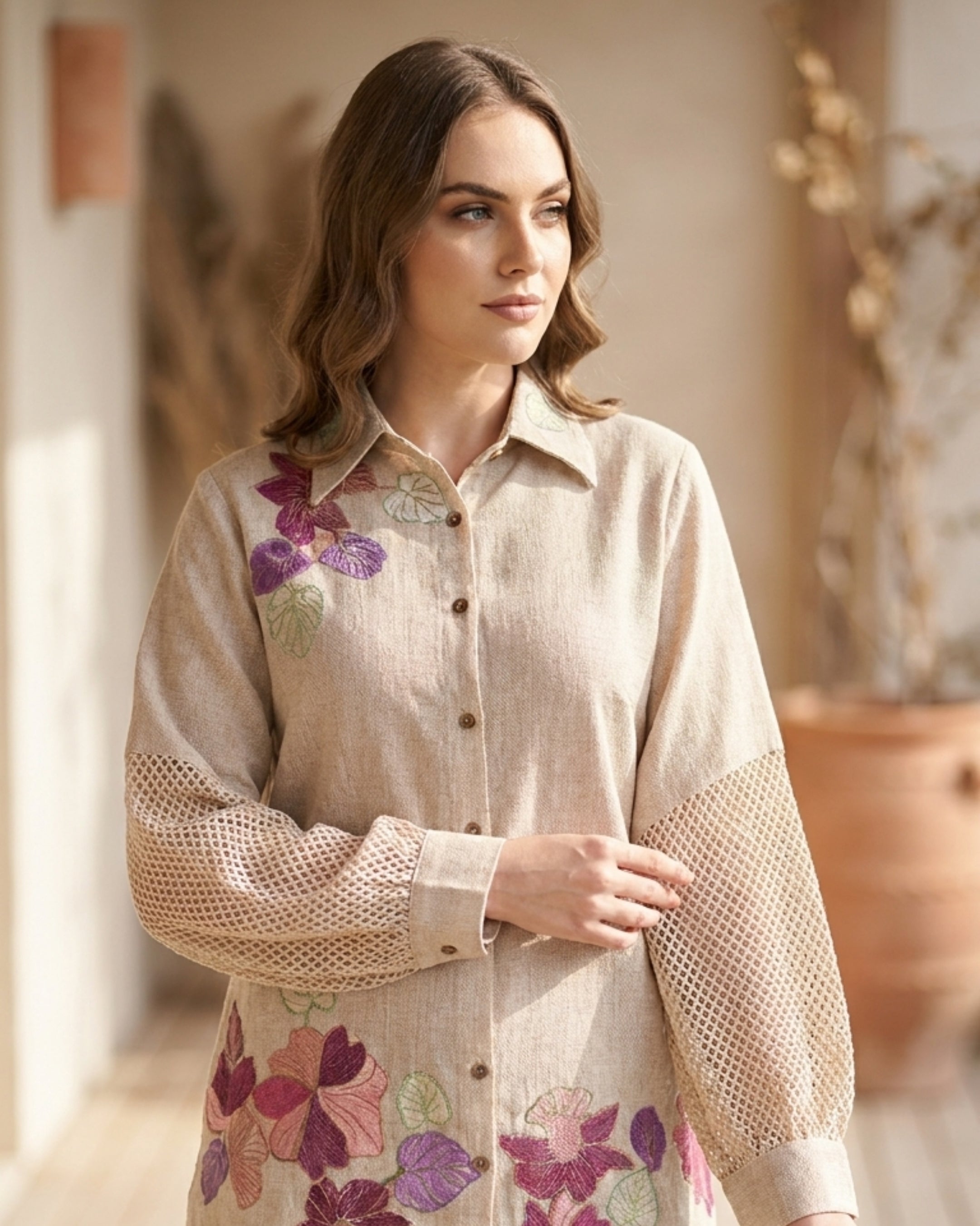 Beige Floral Shirt & Pant Set