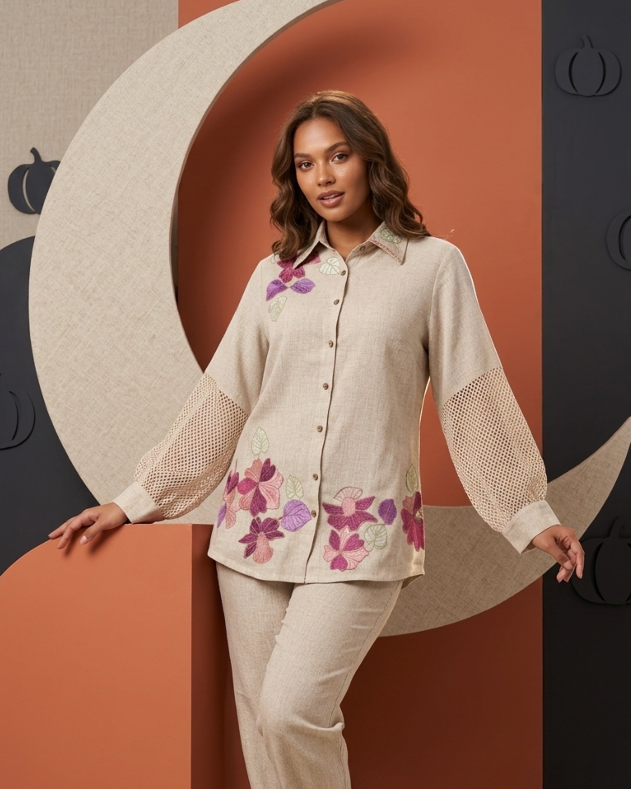 Beige Floral Shirt & Pant Set
