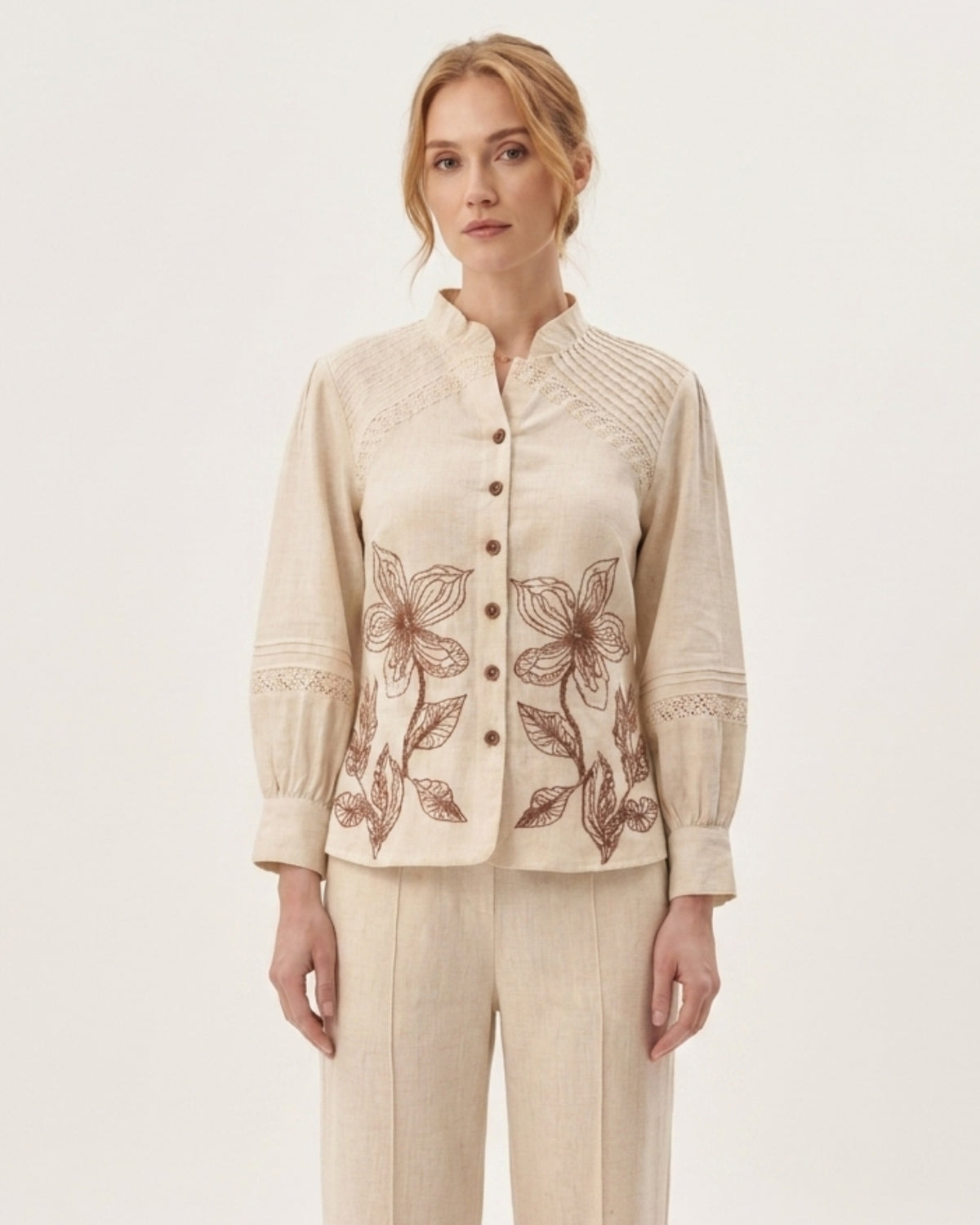 Women's Beige Floral Shirt & Pant Set