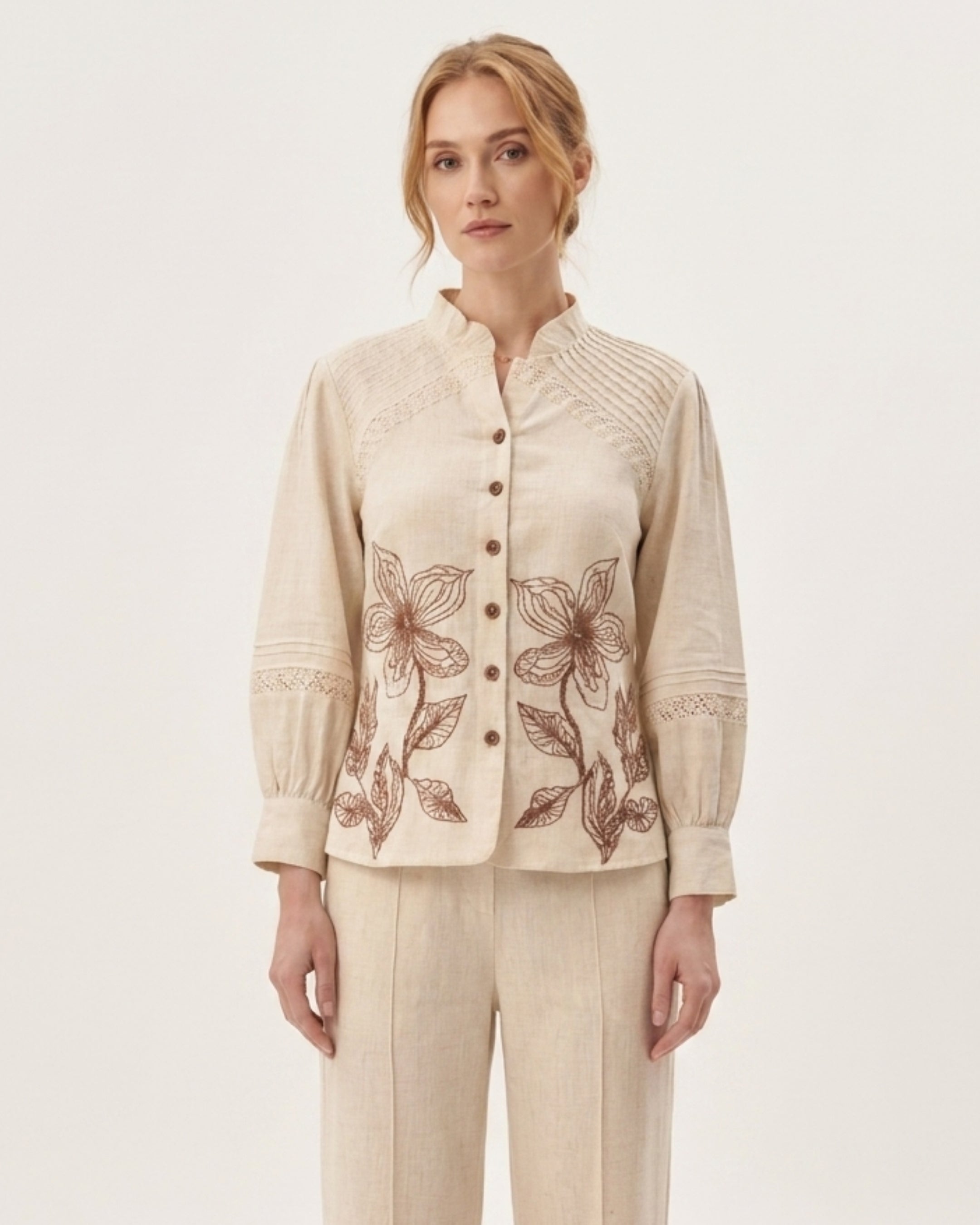 Beige Floral Shirt & Pant Set