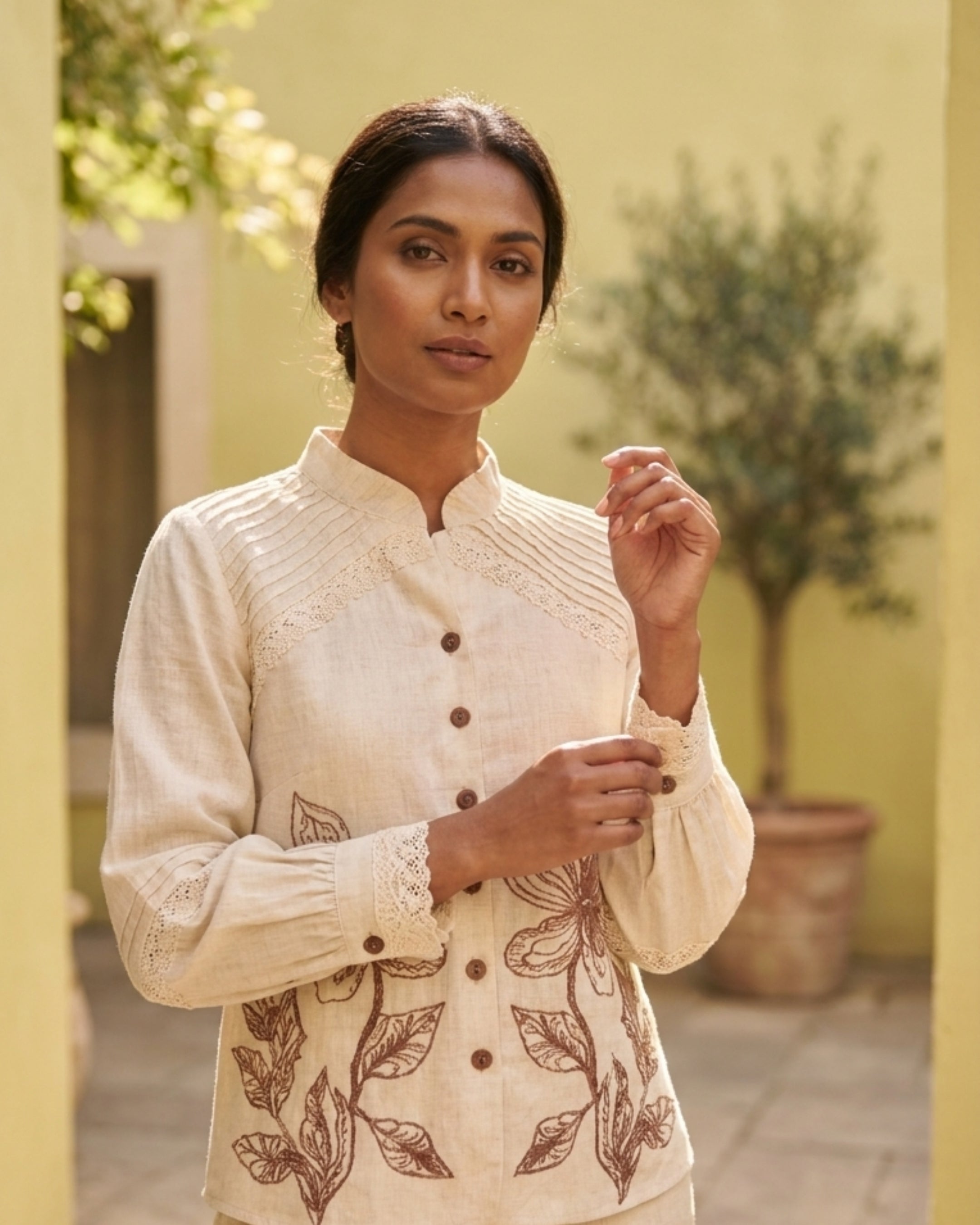 Beige Floral Shirt & Pant Set