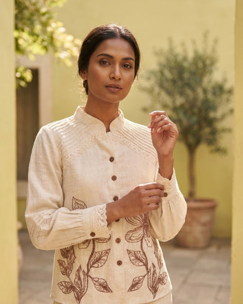 Women's Beige Floral Shirt & Pant Set