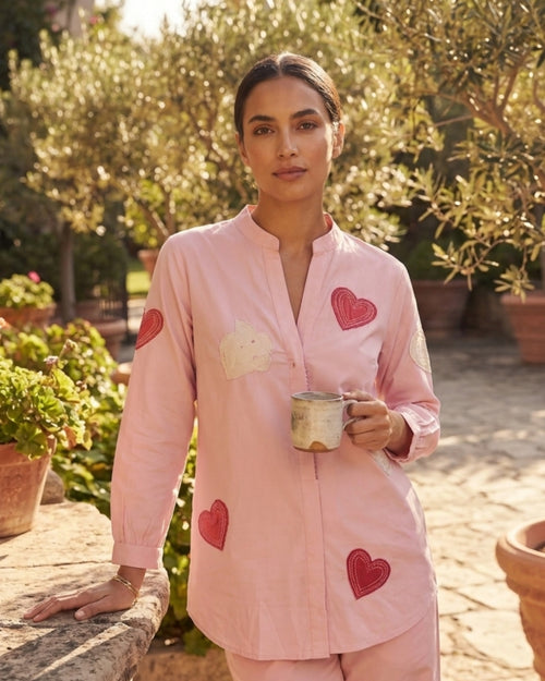 Women's Blush Pink Heart Appliqué Co-Ord Set