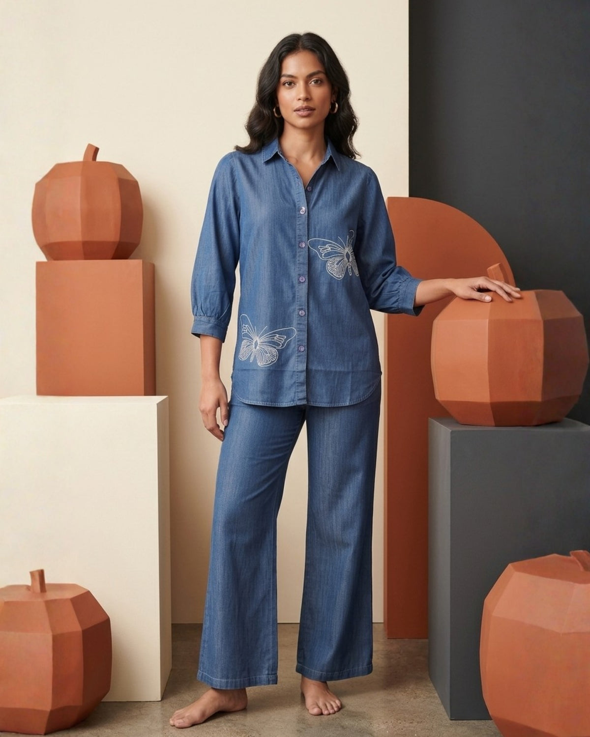 Women's Indigo Blue Butterfly Shirt & Pant Set