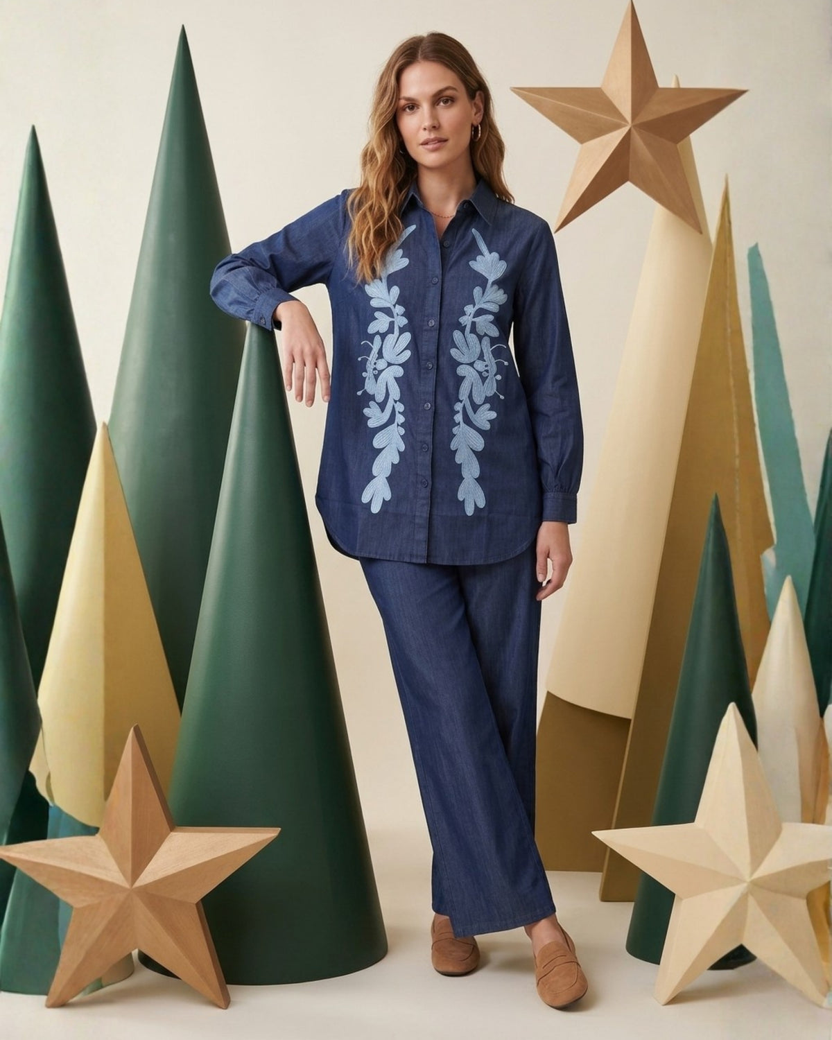 Women's Indigo Blue Floral Shirt & Pant Set