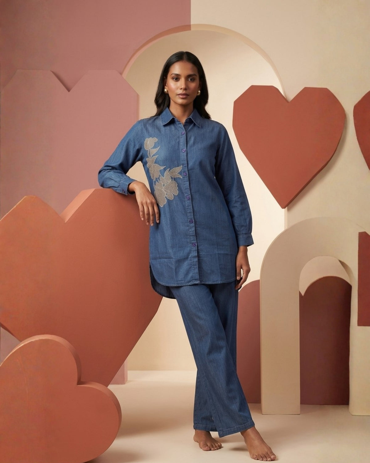 Women's Denim Blue Floral Shirt & Pant Set