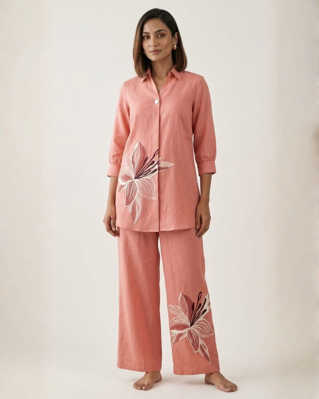 Peach Floral Shirt & Pant Set