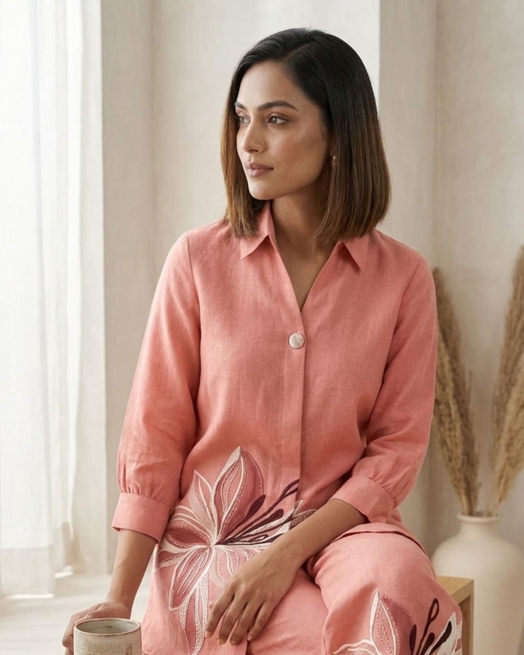 Peach Floral Shirt & Pant Set