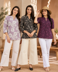 **Women’s Printed Kurta Collection – Plum, Black & Lavender Floral Prints**