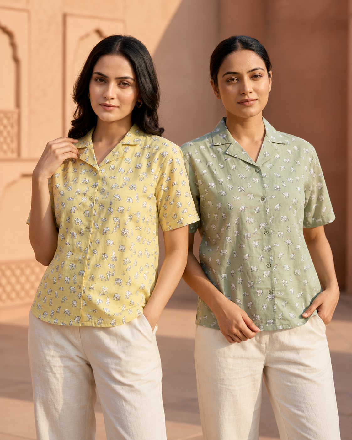 Printed Casual Women’s Shirt Collection – Sage Green & Yellow Elephant Print